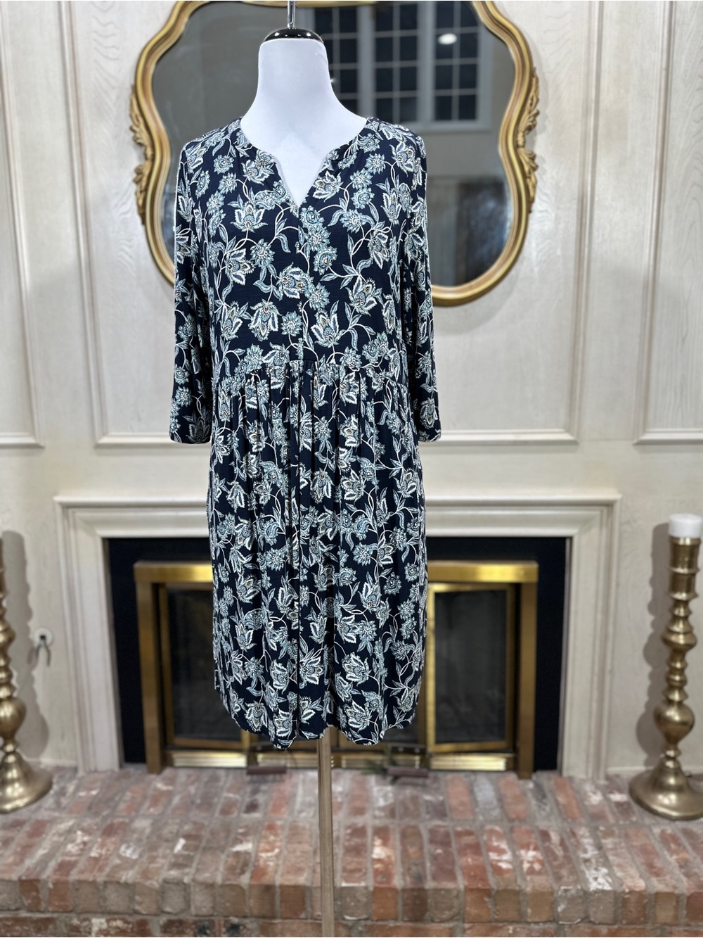 J. Jill Navy Floral Paisley Empire Waist Dress M Petite Boho Cottagecore 3/4 Slv